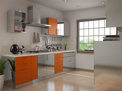 Modern kitchen with stainless steel elements and quartz countertops.