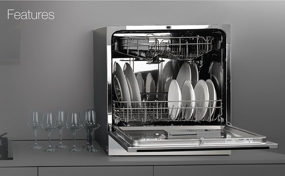 Compact countertop dishwasher ideal for small kitchens or limited space.