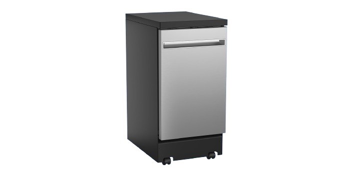 Portable dishwasher on wheels that can be moved and connected to the kitchen faucet.