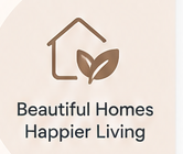 House and leaf icon with Beautiful Homes Happier Living text