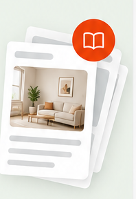Stack of blog article cards with an open-book badge