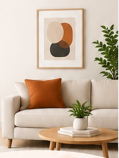 Living room with cream sofa, terracotta cushion, plant and wooden coffee table